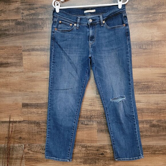 Levi's Jeans Size 29 Mid Rise Boyfriend Medium Dark Wash Stretch Ripped Denim - Picture 1 of 12